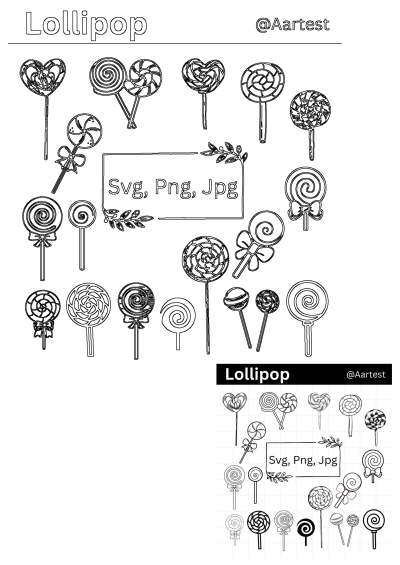 A collection of various outline lollipop vector designs, including swirl and heart shapes, available as SVG, PNG, JPG, DXF clipart files.