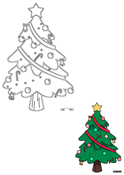 Decorated Christmas tree illustration, featuring a black outline and a colored version with a star, bells, candy canes, and baubles.