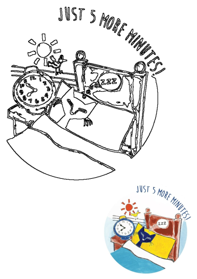 Cute illustration of a blue cat trying to snooze in bed as an alarm clock rings, with the text 'Just 5 more minutes!' and a bright sun.