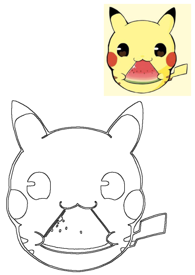 Cute, big-eyed Pikachu enjoying a fresh watermelon slice, depicted in both a vibrant illustration and a clean line art version.