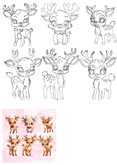 Collection of cute baby deer and fawns, including black outline drawings and colorful cartoon illustrations on a soft pink background.