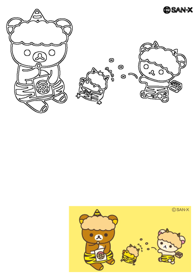 Two Rilakkuma cartoon bears dressed as Oni celebrate the Japanese Setsubun festival, eating and throwing beans.