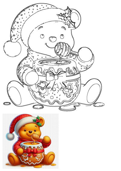 An adorable festive bear wearing a Santa hat, holding a honey dipper over a sweet gingerbread pot. Merry holiday design.