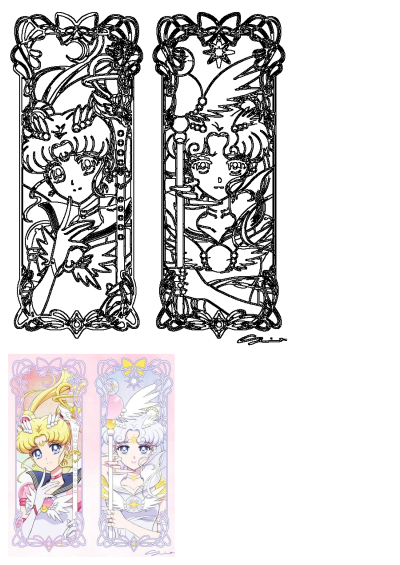 Two Sailor Moon characters (blonde, blue eyes, and silver-haired) showcased in ornate vertical anime art panels, with both outline and colored versions.