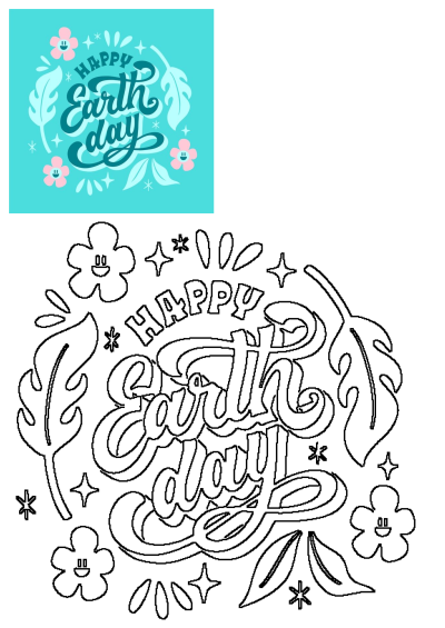 Vibrant Happy Earth Day design with stylized blue text, pink smiling flowers, and leaves on a cheerful turquoise background.