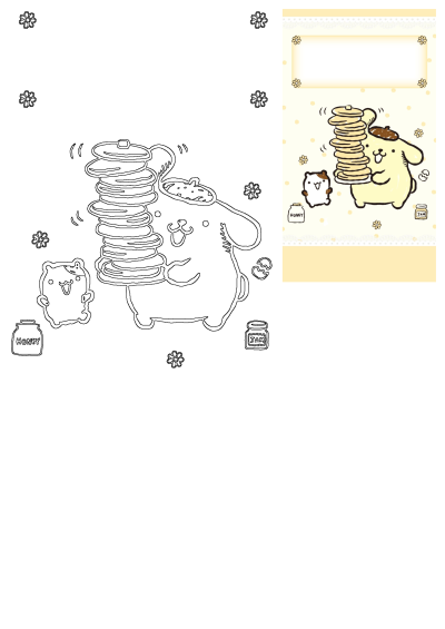 Cute Pom Pom Purin dog and Muffin balancing a towering stack of pancakes, with honey and jam jars, in a charming cartoon style.
