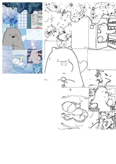 Polar Bear Snowflake Winter Collage Wallpaper featuring cute polar bear character art, icy blue textures, snowflakes, and a starry night.