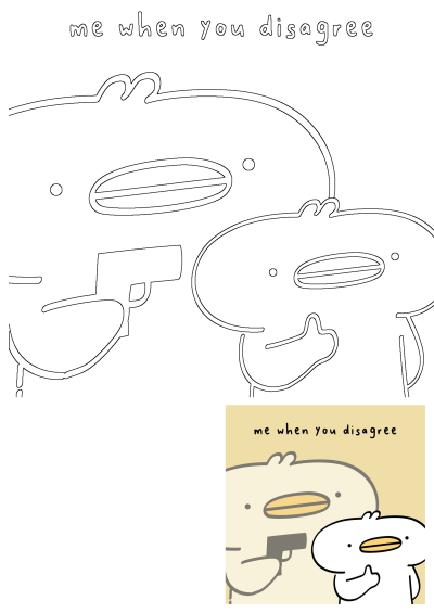 Funny line art illustration of the "me when you disagree" duck meme, featuring a duck with a gun confronting another giving a thumbs-up.