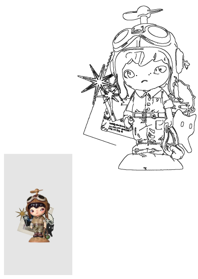 Charming pilot boy toy figurine with brown helmet, goggles, and propeller, accented by a star and black cat, on display.