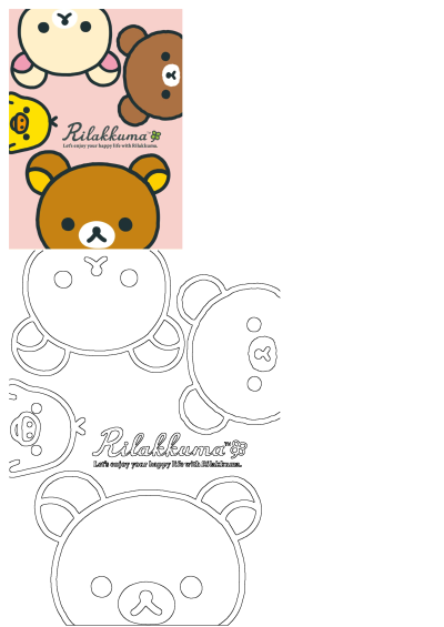 Cute Rilakkuma, Korilakkuma, and Kiiroitori characters on a pink background, with matching line art outlines for creative fun.