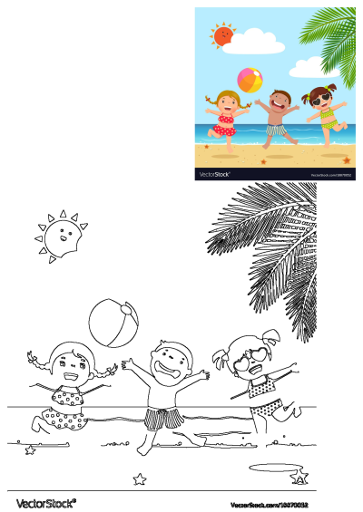 Happy children playing with a colorful beach ball on a sandy beach under a sunny sky with palm trees. Ideal for summer fun activities.