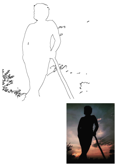 Outline drawing of a man's silhouette holding a walking stick against a vibrant sunset sky, inspired by the original photo.