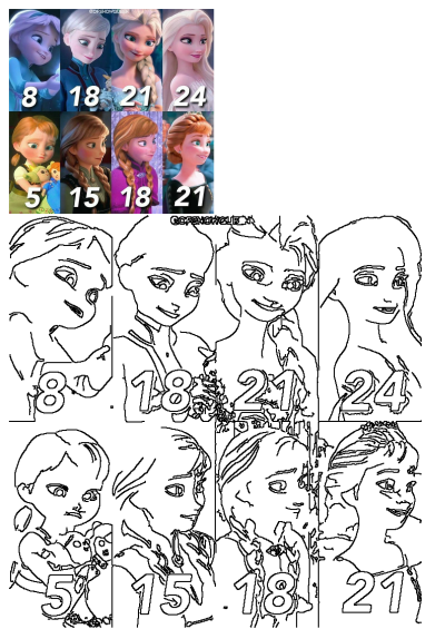 Elsa and Anna age progression chart from Frozen, showing their evolution from young children (5, 8) to adults (15, 18, 21, 24). Includes line art.
