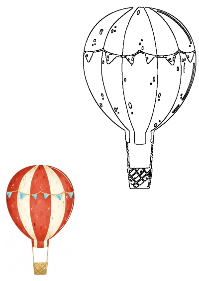 A vibrant red and white striped watercolor hot air balloon featuring festive blue buntings and a sturdy woven basket.
