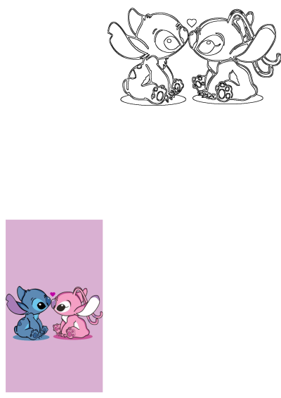 Stitch and Angel, cute cartoon characters, are shown kissing in two styles: a romantic line art outline and a vibrant colored illustration.