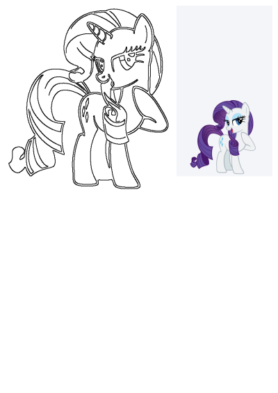 Rarity, the stylish unicorn from My Little Pony, shown in a detailed line art drawing and her official full-color illustration.