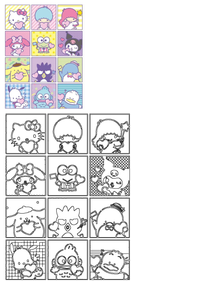 Grid of cute Sanrio characters including Hello Kitty, My Melody, and Kuromi, holding hearts. Features colorful illustrations and outline versions.