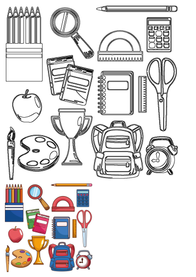 An illustration featuring a diverse collection of essential school supplies like pencils, books, calculator, backpack, apple, and more.