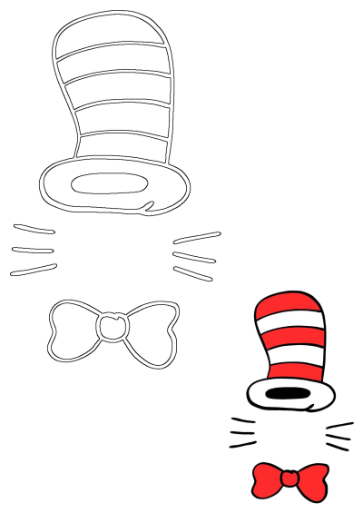 A classic Dr. Seuss Cat in the Hat illustration featuring both outline and red striped hat, whiskers, and red bow tie.