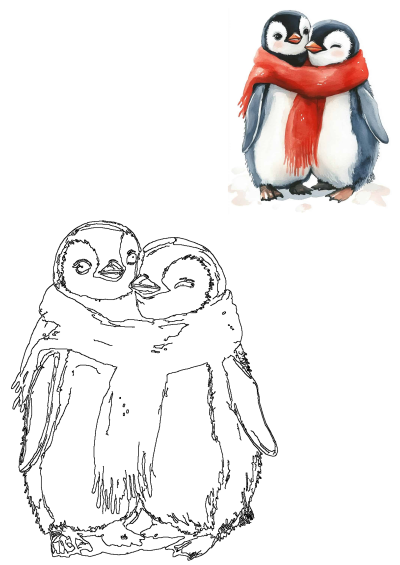 Adorable watercolor painting featuring two cute penguins embracing, sharing a warm red scarf, depicted in a charming winter scene.