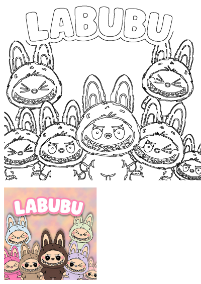 A group of mischievous Labubu cartoon animals. Features a large black and white outline drawing with a small colorful illustration.