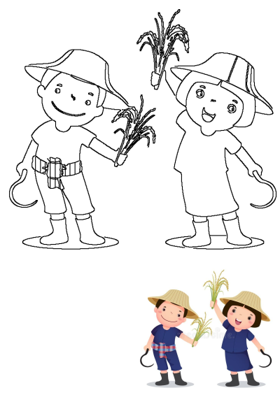Happy boy and girl children farmers in straw hats harvesting wheat with sickles, presented as a black outline drawing and a colored illustration.