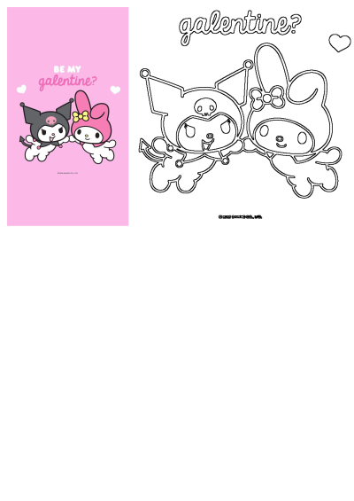 Kuromi and My Melody celebrate Galentine's Day, holding hands in a sweet friendship design, perfect for prints or line art.