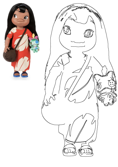 Lilo doll in a Hawaiian dress, holding Scrump toy and a brown bag, with a matching outline art version.