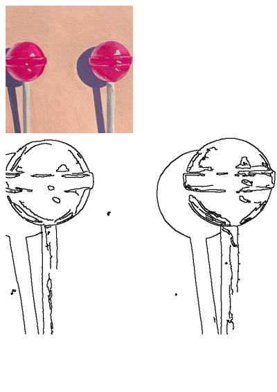 Two vibrant pink lollipops stand vertically against a soft pink wall, casting subtle shadows in bright sunlight. A sweet dessert.