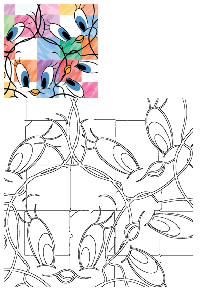 Pastel Tweety Bird heads, a recognizable cartoon character, intertwined with lines on a vibrant square background, with an outline version below.