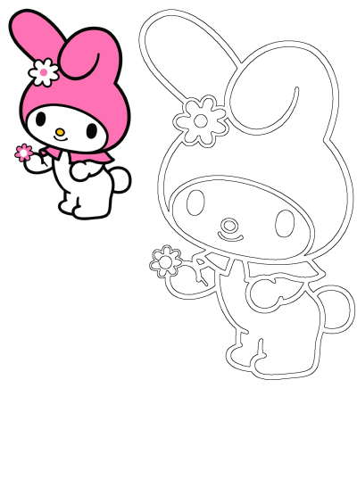 My Melody character wearing a pink hat adorned with a white flower, holding a small pink bloom, alongside an outline.