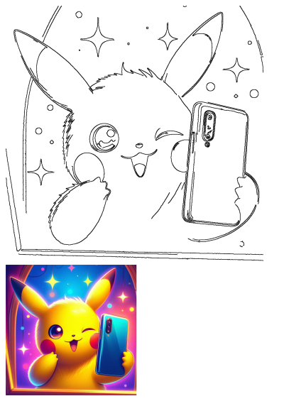 A cute cartoon Pikachu holds a cell phone, winking happily against a bright, colorful background filled with glowing stars. Fun and vibrant.
