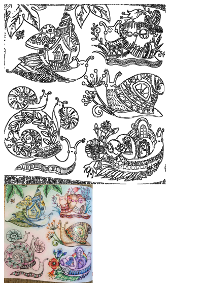 Intricate snail illustrations with detailed house-like shells, whimsical patterns, and floral elements. Shows both outlines and colored examples.
