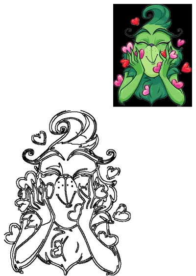 Cheerful Grinch cartoon with a loving smile, hands on face, surrounded by pink and red hearts, radiating joy.