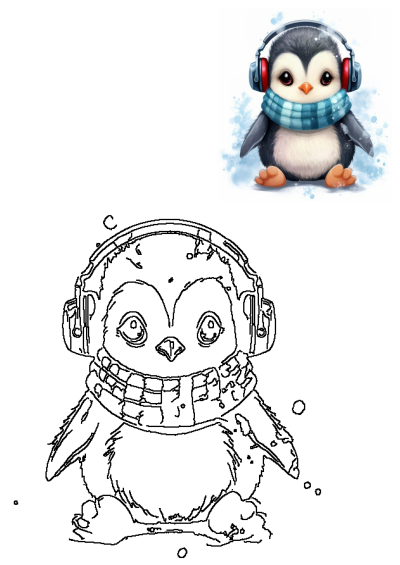 A cute baby penguin wearing red earmuffs and a blue checkered scarf for winter, presented with its black and white outline for coloring.