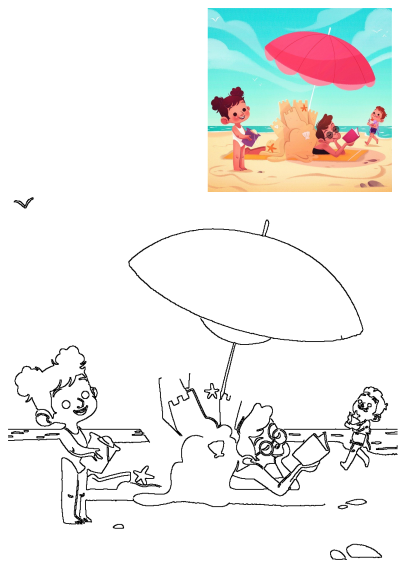 Happy children playing on a sunny beach, building a sandcastle and relaxing under a vibrant pink beach umbrella. Summer fun.