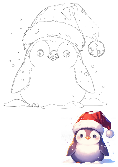 Outline drawing of a cute cartoon penguin wearing a Santa hat, capturing festive Christmas holiday cheer. Includes a small colored example.