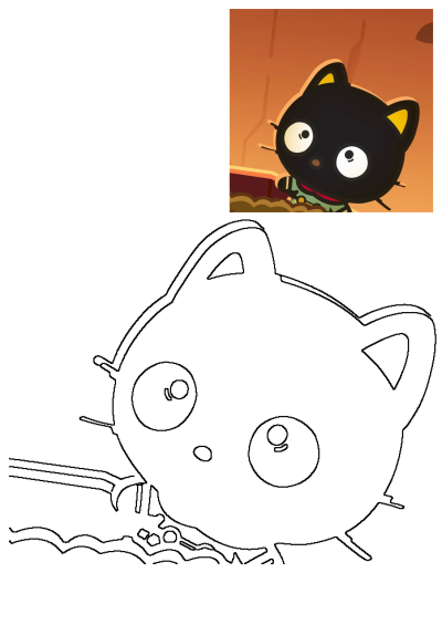 A cute cartoon black cat with big eyes, yellow ears, and red collar, shown in both its vibrant colored form and as a line art drawing.