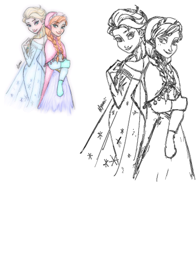 Frozen Princesses Elsa and Anna sketch, featuring the smiling sisters back-to-back in both colored and outline drawings.
