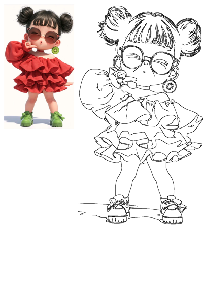 Cartoon girl in a red ruffled dress, green shoes, round sunglasses, and kiwi slice earrings, striking a playful pose. Includes a line art version.