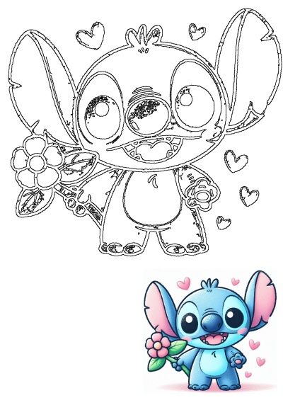 A cute cartoon Stitch character from Lilo & Stitch, smiling brightly while holding a vibrant pink flower, surrounded by floating pink hearts.