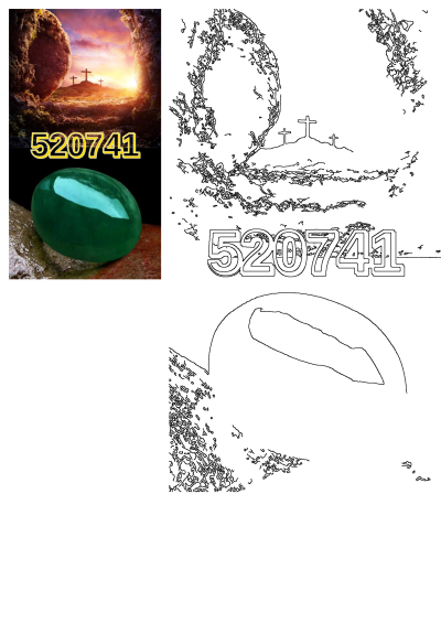 An inspiring Easter scene with an empty tomb, sunrise, and three crosses. Also features a smooth green stone. Image ID 520741.