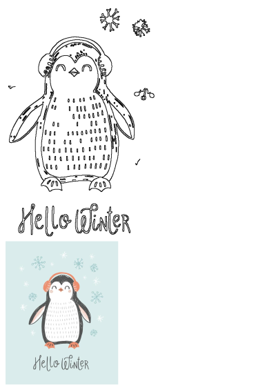 Cute penguin wearing orange winter earmuffs on a light blue background with snowflakes and 'Hello Winter' text. Ideal for Christmas greeting cards.