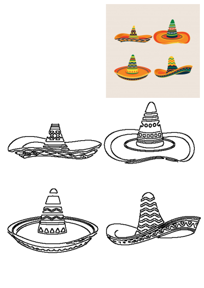 A vibrant collection of traditional Mexican sombrero hats featuring colorful designs, alongside black and white outlines for coloring.