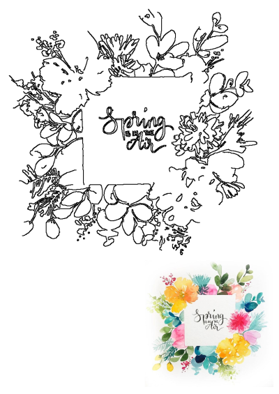 Vibrant spring watercolor painting featuring colorful flowers and 'Spring is in the Air' text, alongside its black outline version.