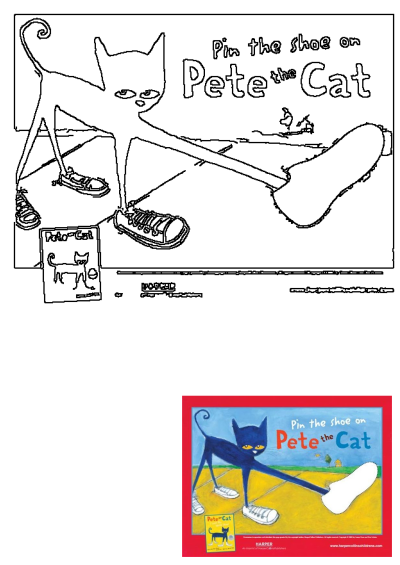 Pin the Shoe on Pete the Cat game activity, featuring the iconic blue cat from the children's book reaching for a shoe.