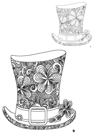 Two intricate St. Patrick's Day top hats adorned with detailed shamrock and floral patterns, featuring swirls, circles, and a belt buckle.