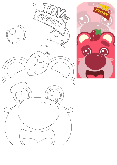 Colorful Lotso Bear with strawberry from Toy Story as a cute cartoon wallpaper, alongside matching character outline templates for crafts or drawing.