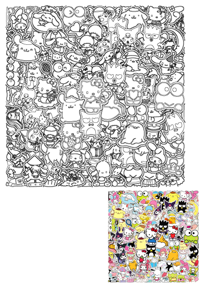 A vibrant collection of Sanrio character stickers featuring Hello Kitty, My Melody, and Kuromi, displayed as outlines and colorful examples.