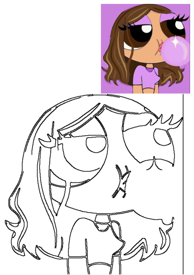 Allie Powerpuff Girl blowing a shiny purple bubble, with brown hair and purple eyeshadow.